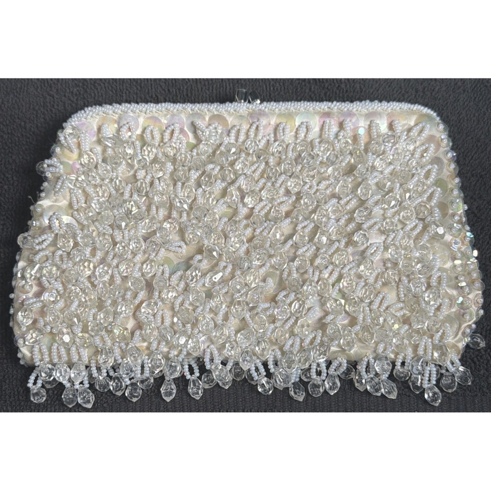 Vtg Evening Special Occasion Rhinestone Sequin Cream/white Clutch Purse